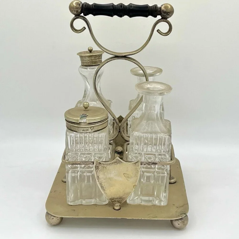 Antique Victorian EPNS Cruet Castor Set Pressed Glass Bottles Silverplate Stand